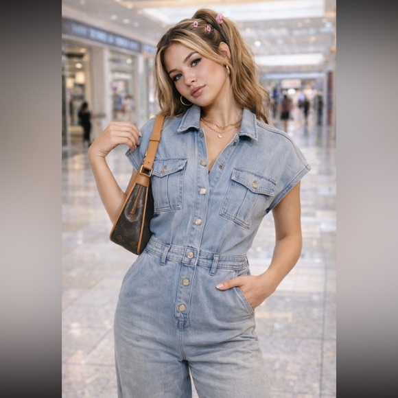 Express Pants - Express Denim Jumpsuit Button Front Utility Romper 90s/Y2K Minimalist One Piece
